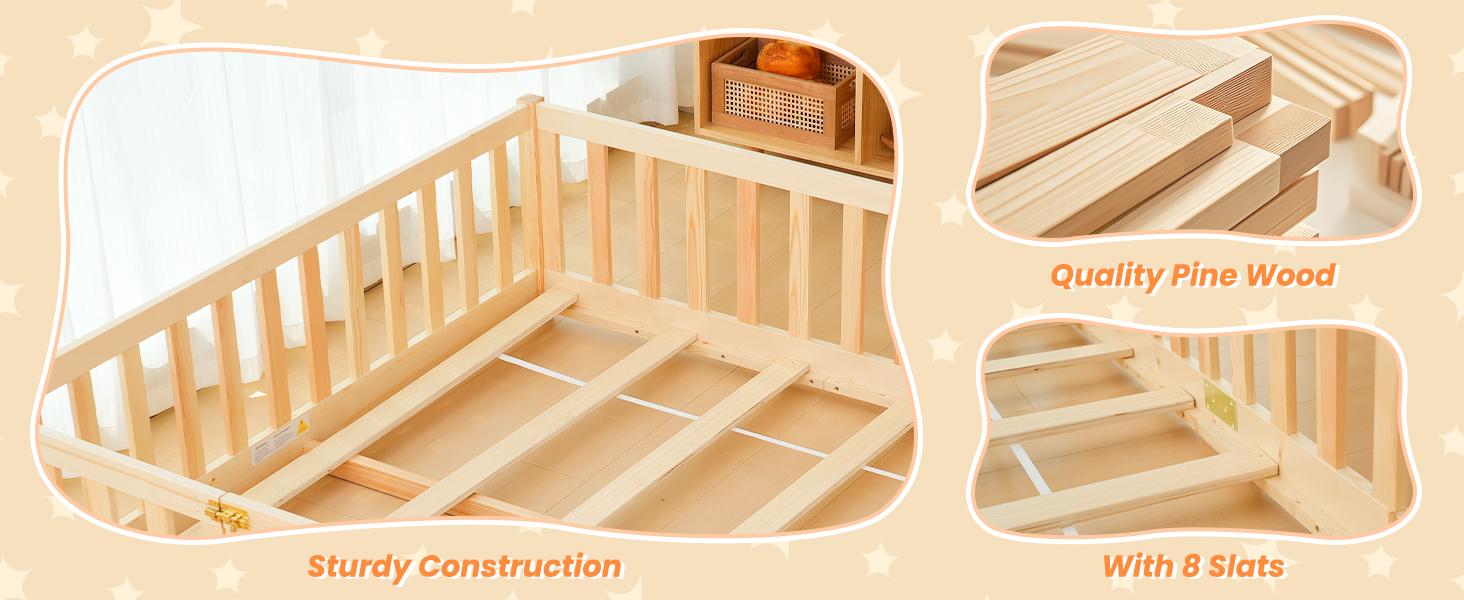 Naudacaa Twin/Full Size Montessori Floor Bed for Kids Solid Wood Frame with Fence Door & Safety Guardrails CPC Certified
