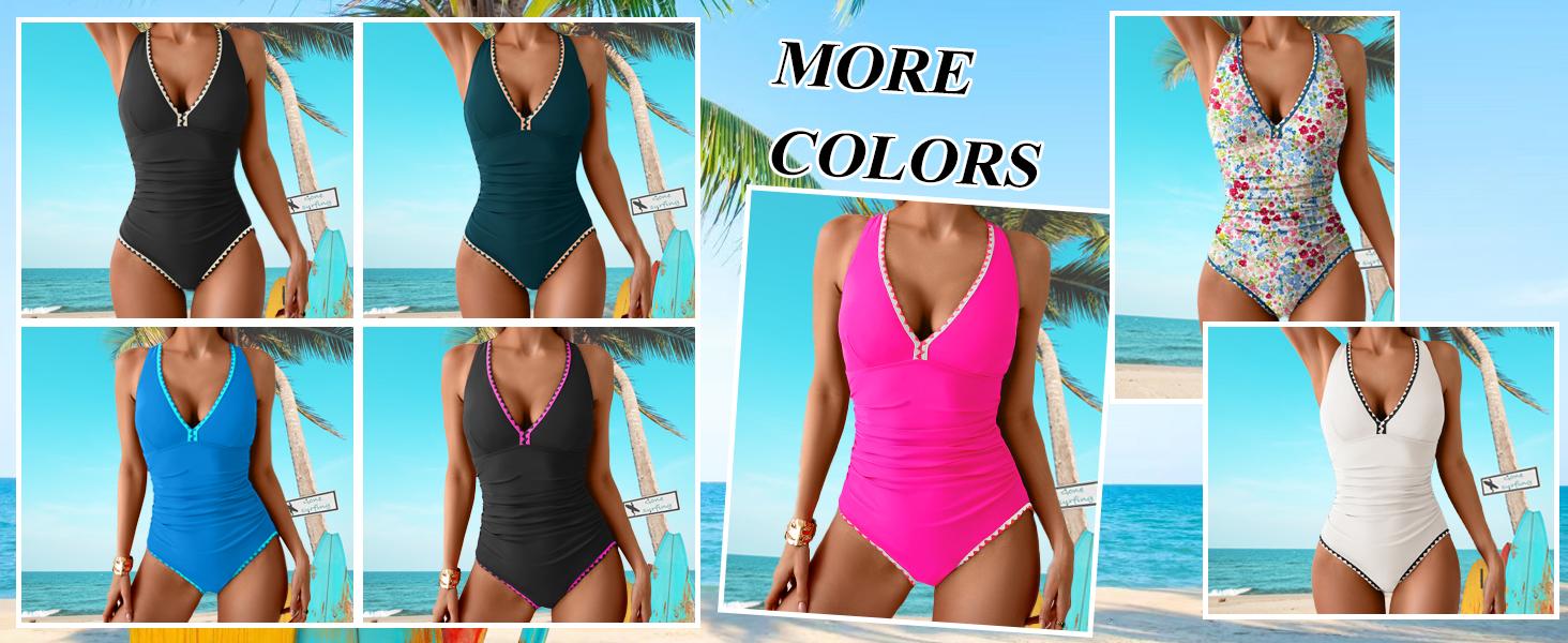 B2LOVER One Piece Swimsuit for Women Tummy Control Ruched Bathing Suit Push Up Tie Back Swimwear Shell Stitched