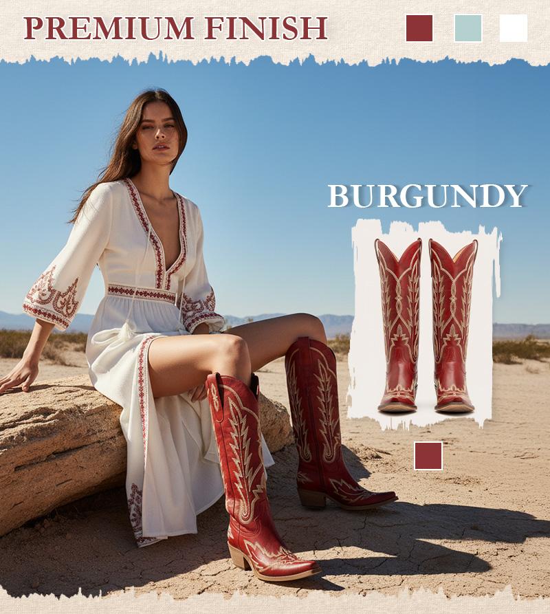 REDTOP The Rosemary Burgundy Classic Tall Cowgirl Boots with Floral Embroidery Western Design Comfortable Heel Soft Fit for Women Snip Toe Side Zipper Breathable Mesh Lining