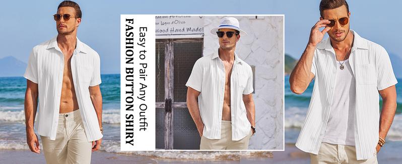 Coofandy Men's Casual Button Down Shirt - Navy Blue Textured Short Sleeve Fitted Collared Neck Summer Beach Top for Men - Canvas