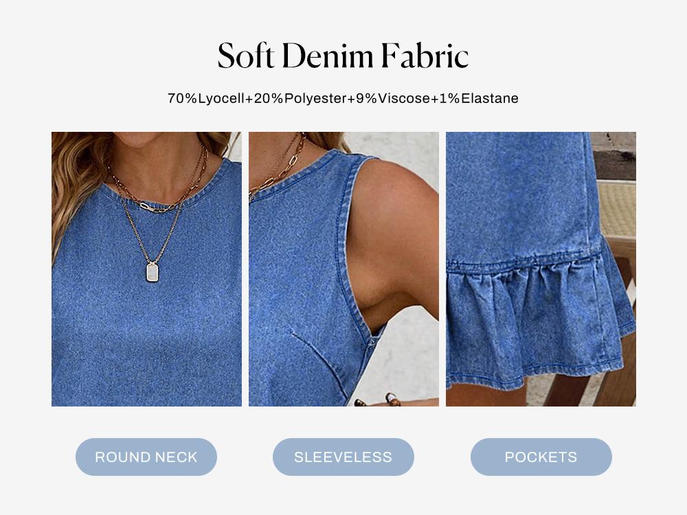 SIDEFEEL Women's Sleeveless Denim Dress Round Neck Ruffled Hem Casual Loose Denim Dress