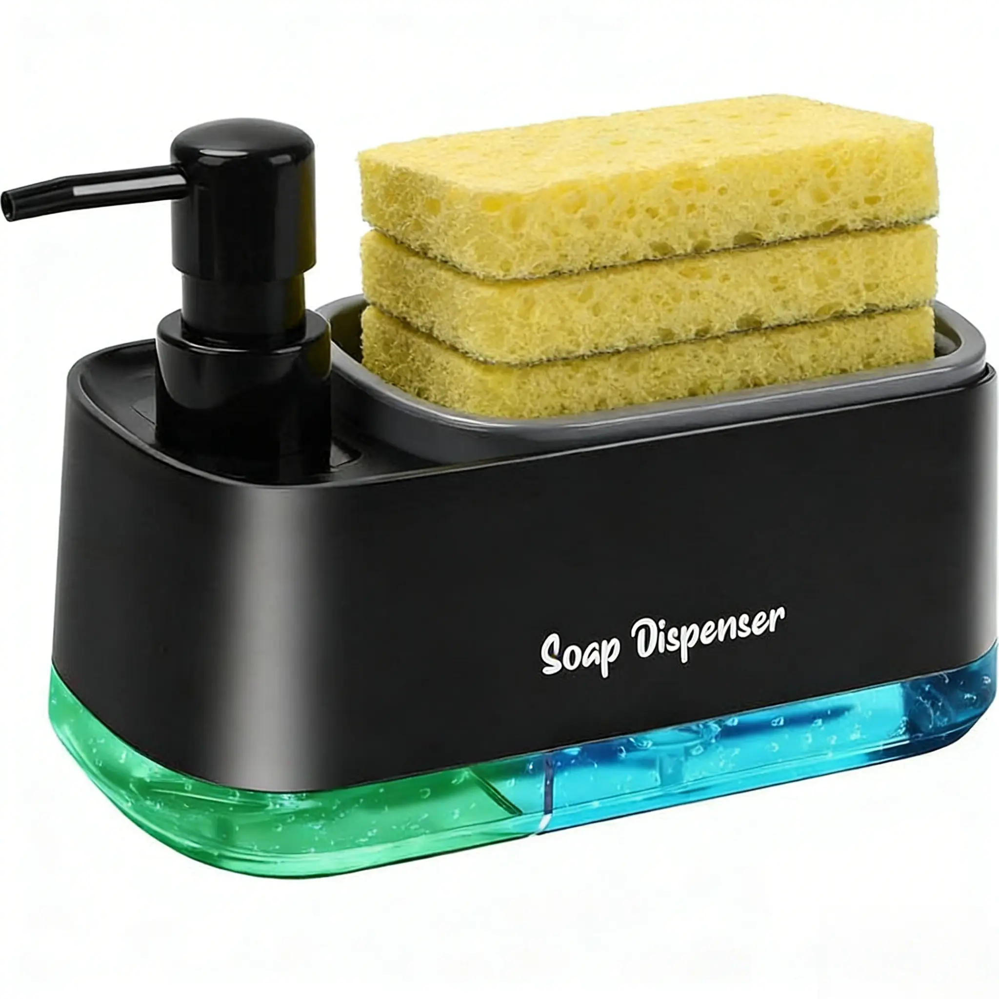 Dual-Use Dish Soap Dispenser with Sponge Holder - Sink Countertop Organizer, Soap Container, Daily Dishwashing Helper for Kitchen Household Items (Includes 3 Sponges)