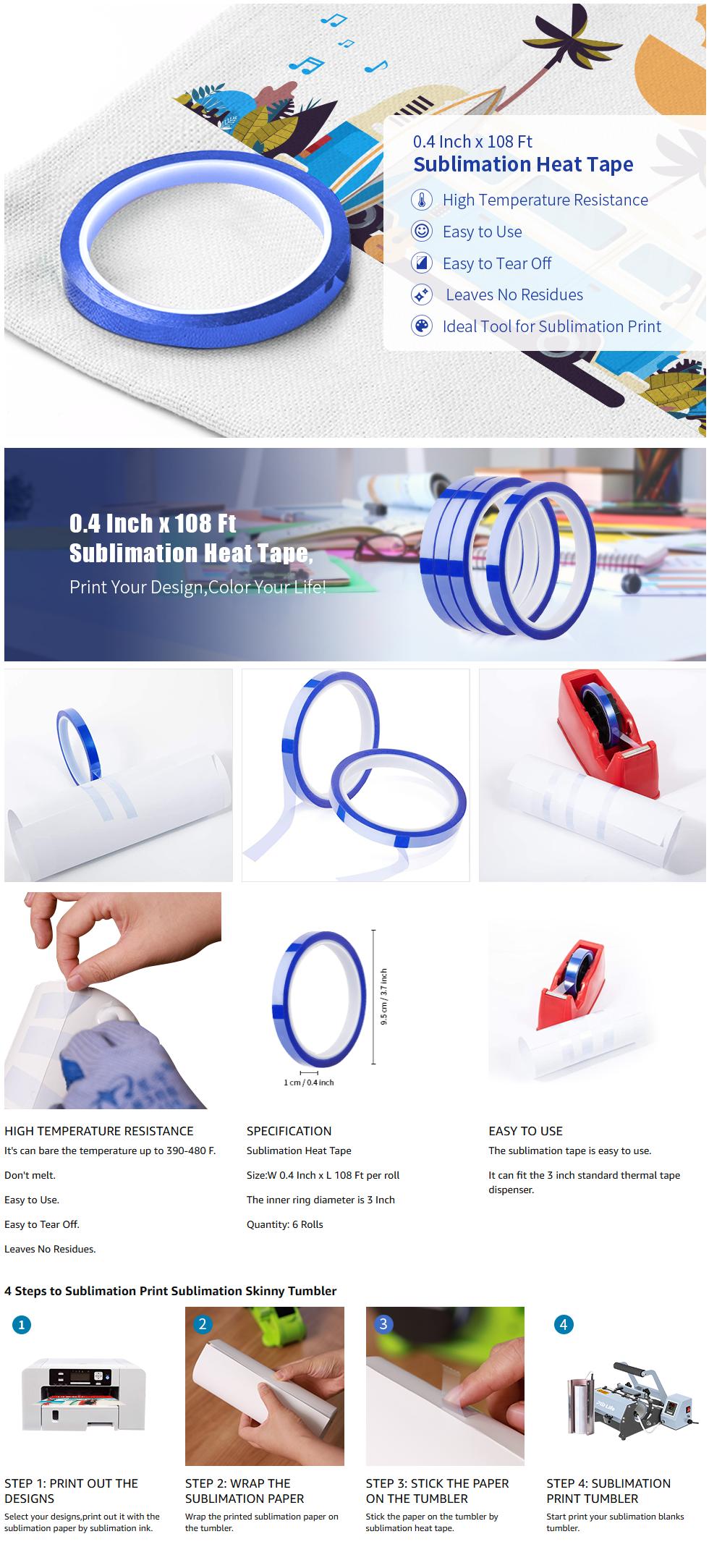 PYD Life Sublimation Heat Crafts Tape 0.4 Inch x 108 Ft - Blue Thermal Heat Resistant Tape