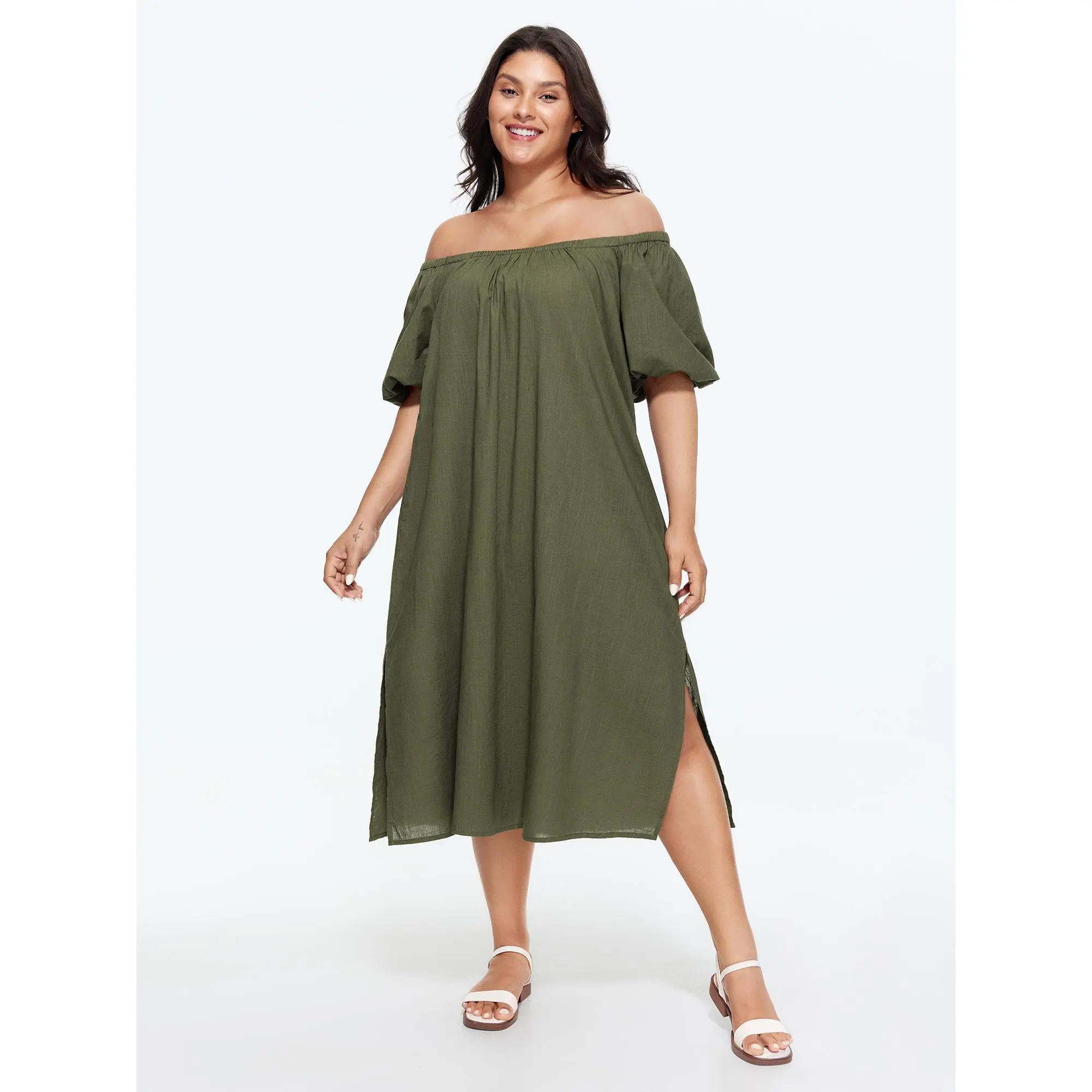 BloomChic Women's Plus Size 18-20/2X Cold-Shoulder Puff Short-Sleeve Cotton Midi Dress - 100% Cotton, Smooth Fabric, Shirred Bodice, Pockets, Low Iron, Pull-On, Flowy Flattering Casual Summer Dress, Wash With Like Colors