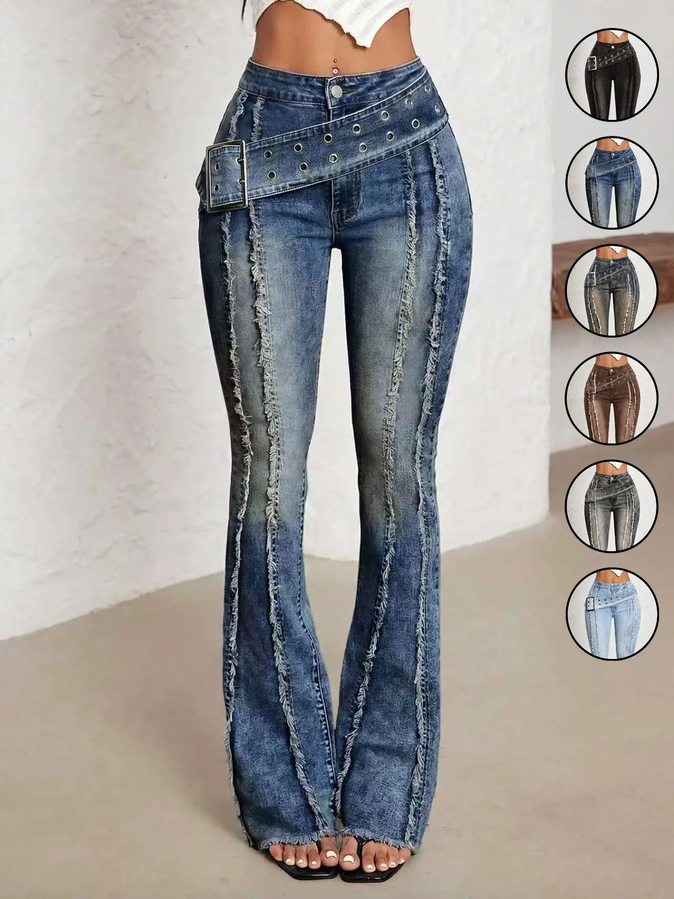 Women's Low Waist Bell-Bottom Jeans With Big Sun Logo Button And Eyelets Big Belt，Bootcut Jeans,Comfortable Stretch Dark Wash Denim Jeans，Patchwork Fringe Washed Vintage Long Pants, Casual Denim Trousers for Everyday Wear, Comfy Denim Jeans