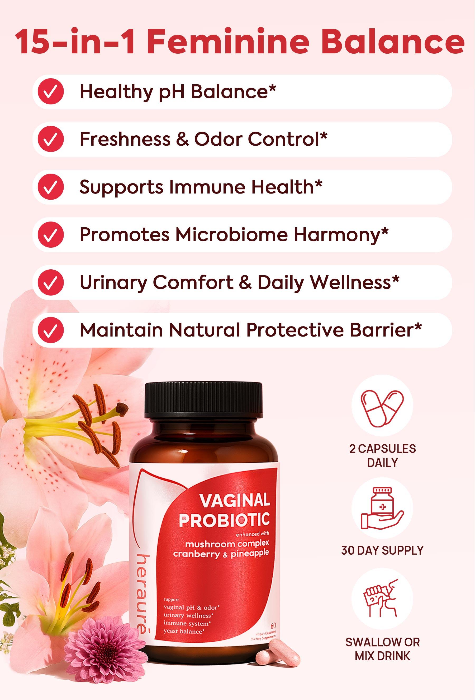 HerAuré Women’s Probiotics - pH Balance, Odor Control, Flora Health, Moistening, Tightening - With 7 Billion CFU Probiotic, Prebiotic, 7-in-1 Mushroom Blend, Cranberry, Pineapple - 60 Capsules (Pack of 1), Self-Care Gift，Black Friday