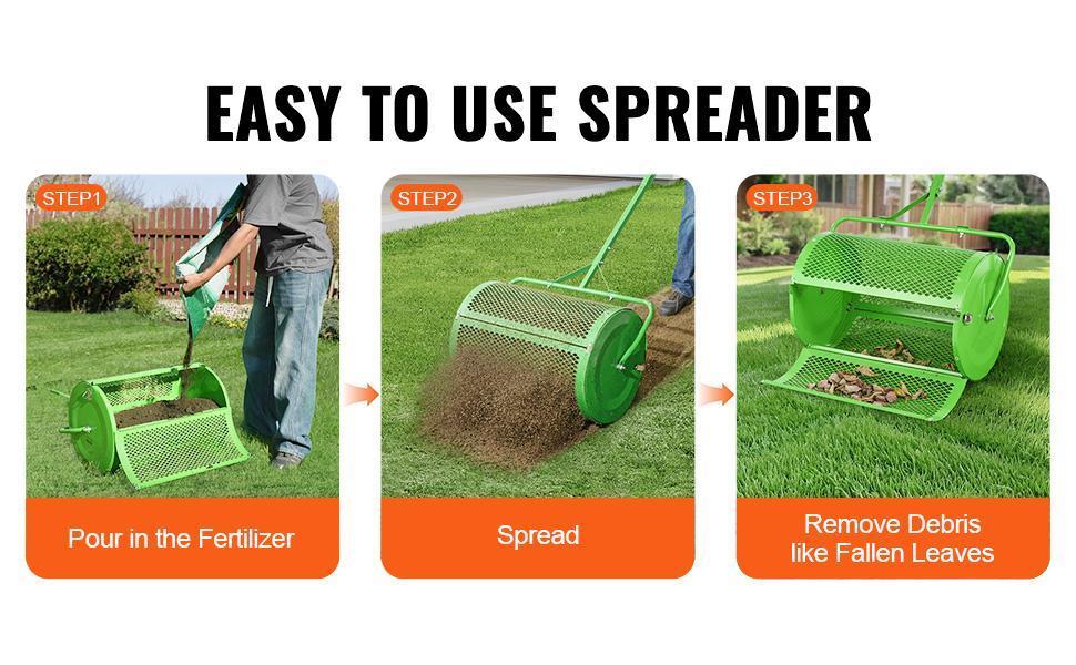 【Back to School】VEVOR 24" Push-Tow Behind Roller Lawn Spreader, 110cm Steel Mesh Basket Garden Spreader with Height-Adjustable T-Shaped Handle for Comfortable Operation, Accurate Coverage in Gardens (Manure, Topsoil, Peat Moss)