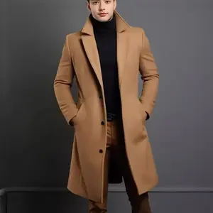 Men's mid length solid color autumn and winter wool coat, warm youth coat jacket