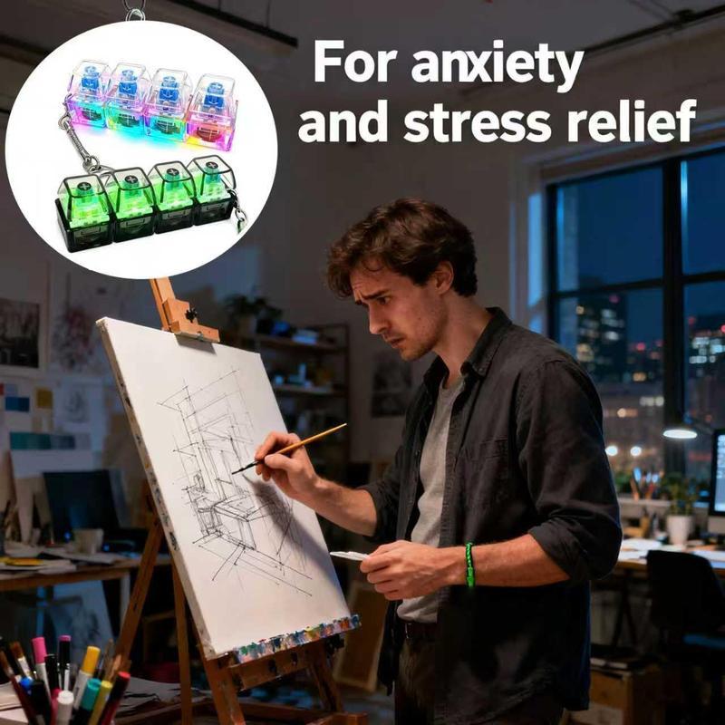 Glowing Keyboard Fidget Toy, 4-In-1 Decompression Button Keychain, Stress Relief Finger Clicker, Transparent Color