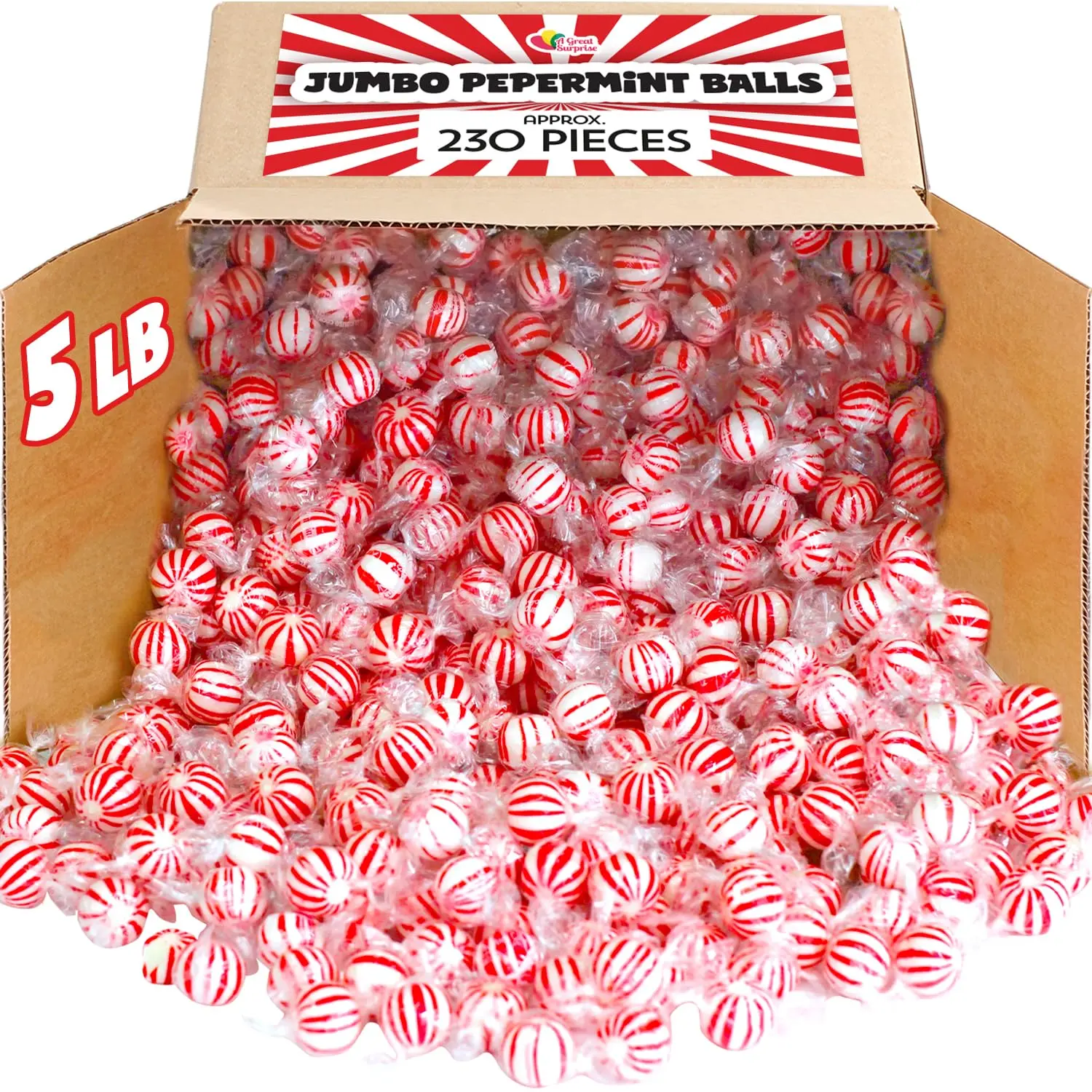 Peppermint Candy Balls  5 lb Bulk  Red & White Striped Hard Mints  Individually Wrapped Mint Hard Candy Sweet