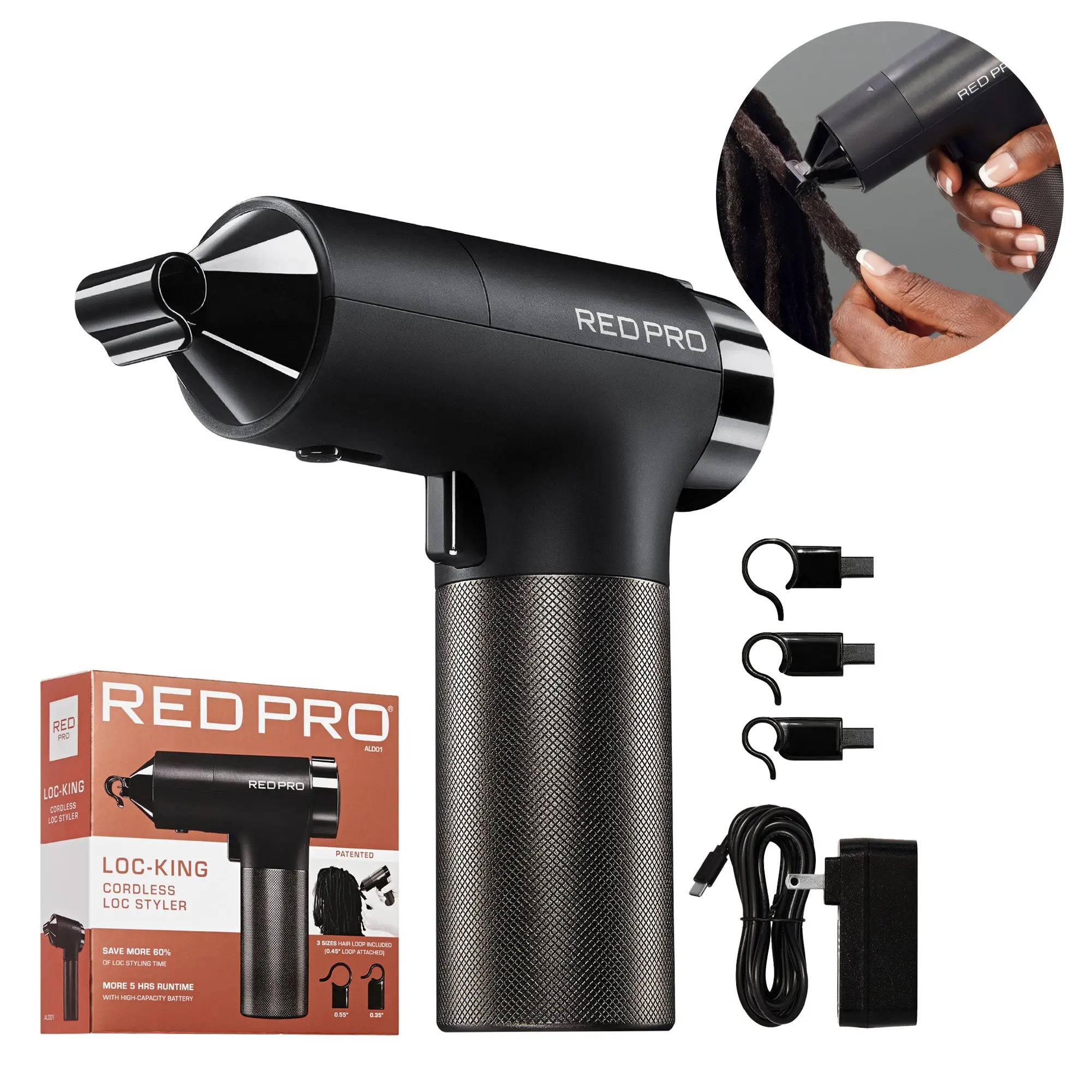 Red PRO LOC-KING Cordless Auto Loc Styler - Internationally PATENTED, World’s First & Fastest