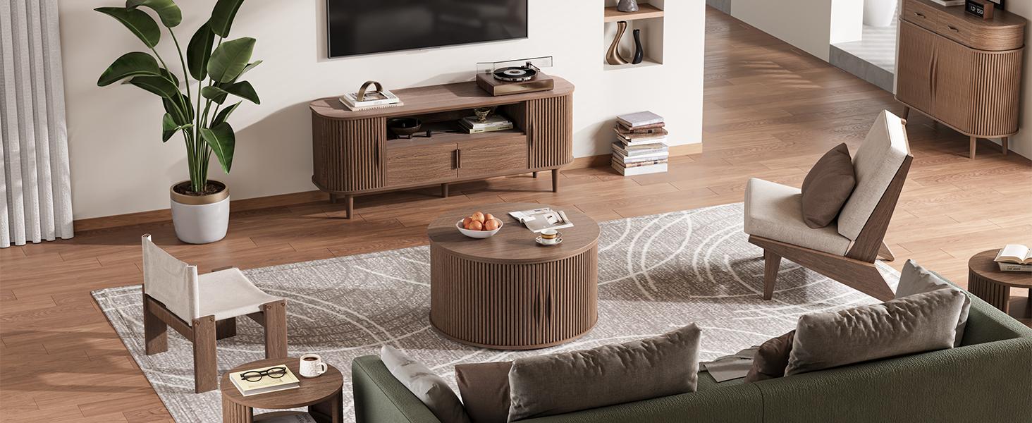 31.5" Round Lift Top Coffee Table, Mid Century Modern Walnut Center Table with Hidden Storage, Fluted Drum Wood Table for Small Living Room Apartment