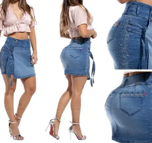 W71-207 Colombian Stretch Denim Skirt with Rhinestone Details