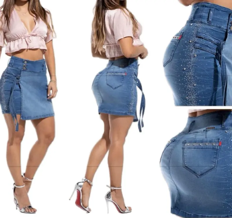 Women's Colombian Stretch Denim Bottoms - W71-207 Casual Skirt with Rhinestone Details, Comfortable Fabric, Flattering Fit
