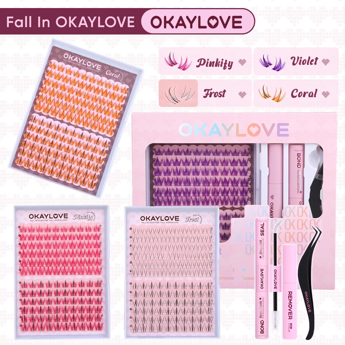 OKAYLOVE Colorful Lash Clusters Kit Frost|Violet|Pinkfy|Coral Lash Extension Kit with Long-lasting Lash Bond and Seal,Tweezers and Remover for DIY Eyelash at Home for  Party for Festival Girl Gifts #backtoschool #sohochic
