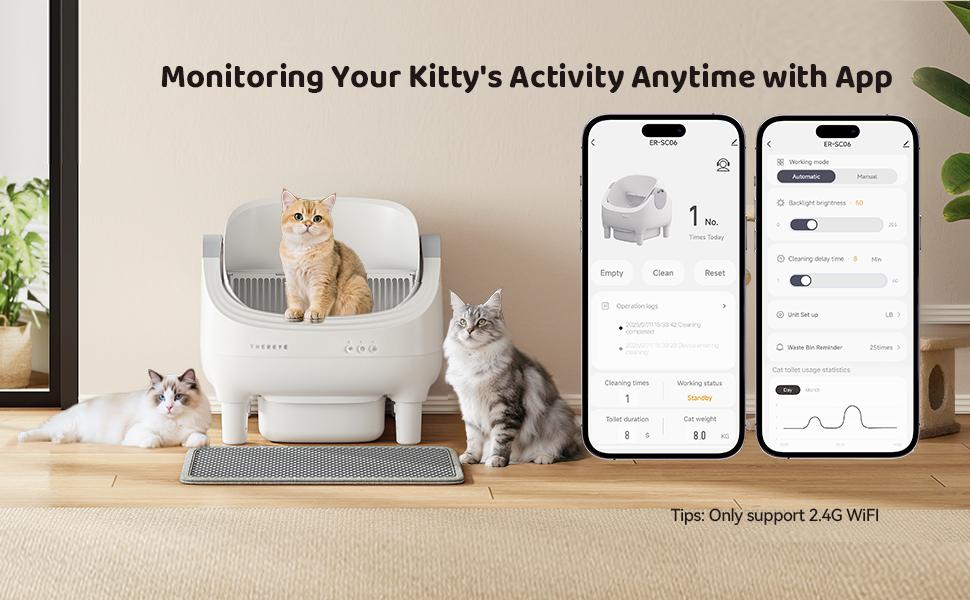 Thereye Open-Top Self-Cleaning Cat Litter Box, Automatic with App Control Wifi Odor-Free Waste Disposal Includes Trash Bags Litterbox  for kittens weighing from 3 to 30 pounds.