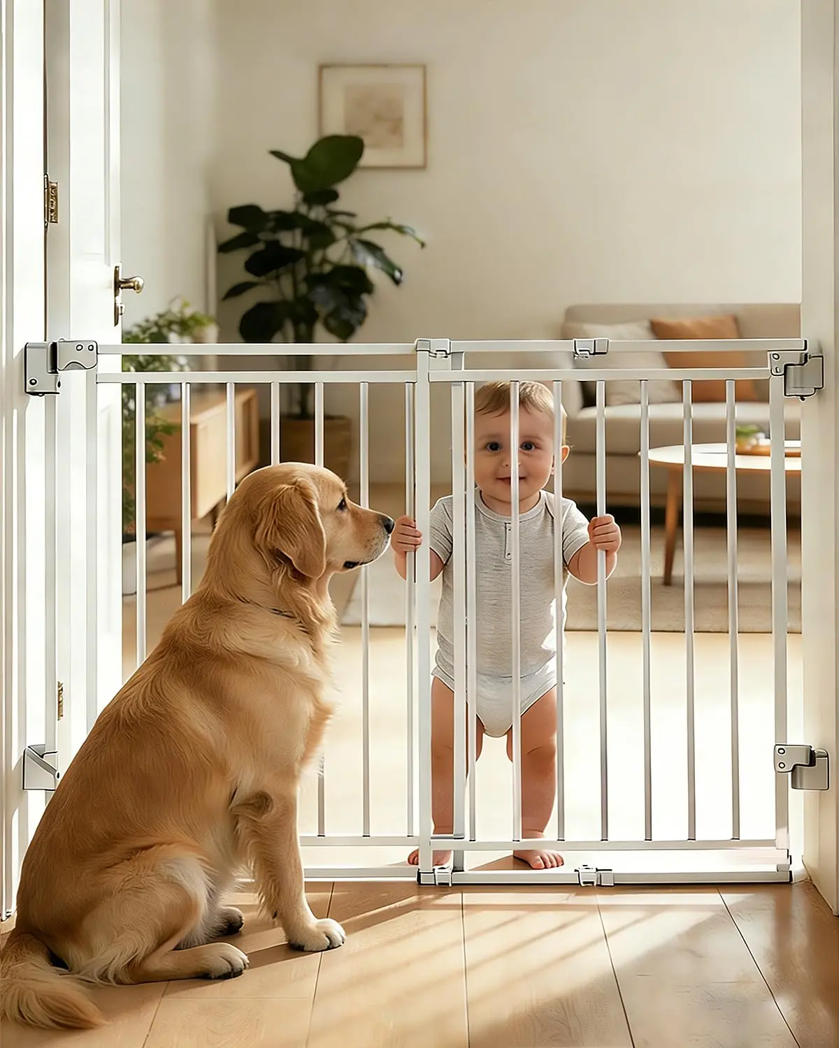 Adjustable Baby Safety Gate for Stairs & Doorways, 26.4"-43" W x 29" H No Bottom Bar Hardware Mount with 1-Handed Operation, Rails & Gate Extensions Compatible, Black for Toddlers & Dogs