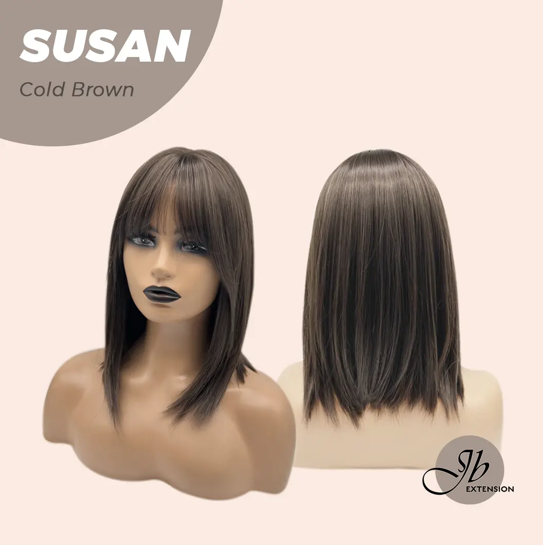 JBEXTENSION 14 Inches Short Bob Cut Cold Brown Wig with Bangs SUSAN