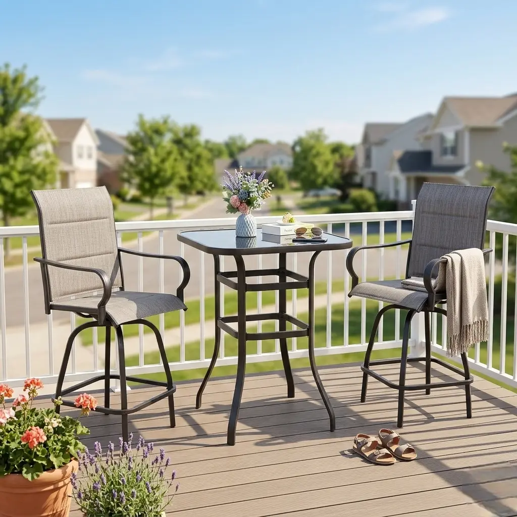 Walsunny Outdoor Bar Stools Set of 2 with 1 Table, Thickened Swivel Patio Bar Stools & Chairs with Seat Height & Brown Textilene Backrest, Tall Outdoor Chairs Bar Furniture for Outside, Porch and Yard
