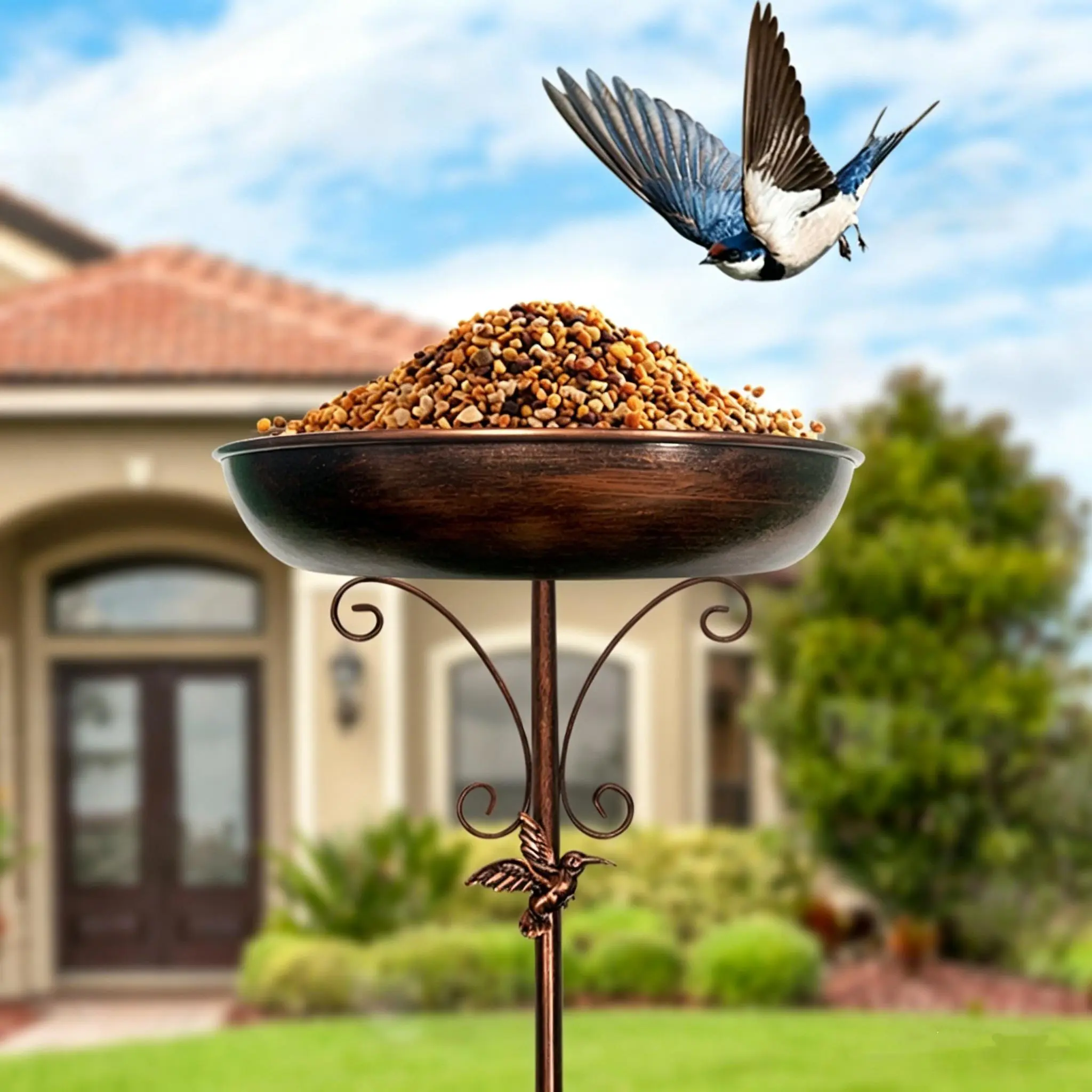 Wrought Iron Vintage-Style Bird Bath - Durable Weather-Ready Outdoor Piece with Stake-Secure 4-Prong Base Resists Tip, 12" Carved Relief Feeder, Adjustable Column, Vintage Bronze Look for Backyard Bird Watching, Sturdy No-Power Design