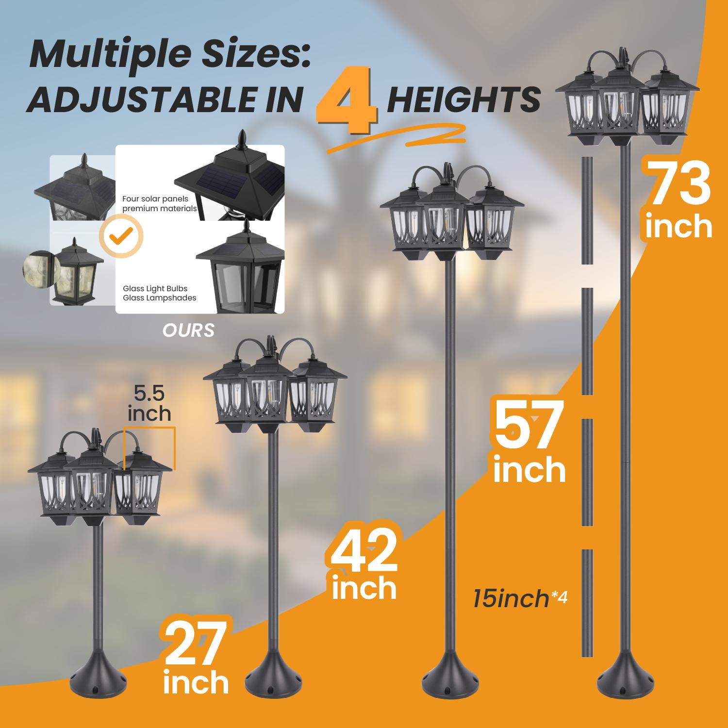 Hoodink Outdoor Solar Lamp Post Lights 3-Head Waterproof 60 Lumens for Garden Lawn Pathway Yard Front Back Door 73 Inch Solar Powerd Decoration