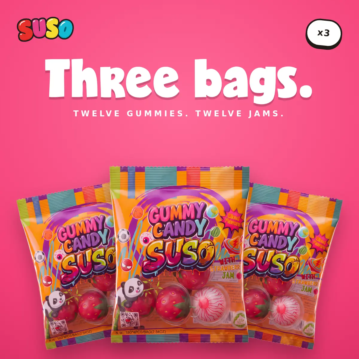 SUSO Gummy Candy 3-Pack, Squeeze-Pop Shell with Strawberry Jam Center, Mixed Fruit Flavors, Halal, 4 Individually Wrapped Pieces (72g) Sweet Snack