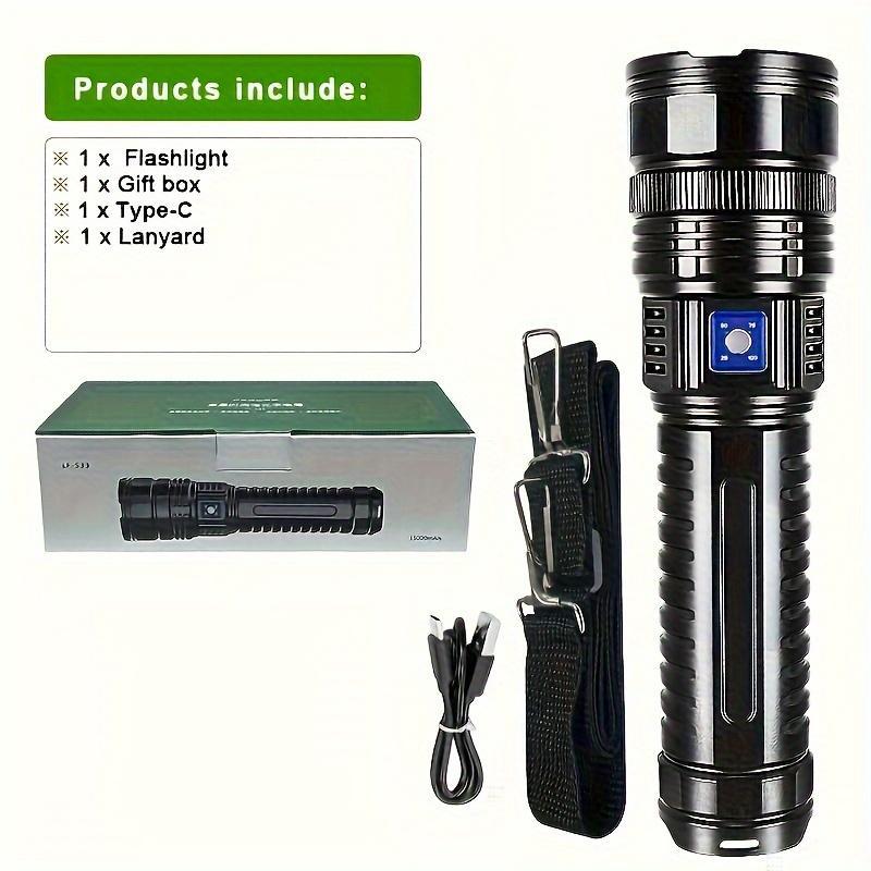 Hoodink 2-in-1 Strong Flashlight (Power Bank), Digital display of power, Rechargeable, Zoomable, Waterproof, Adjustable Brightness Flash Light for Outdoor, Emergency, Camping Accessories，Fishing Garden Lighting Night security Garage Lighting