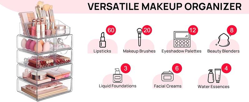 【2 Set】Vtopmart Clear Makeup Organizer with Drawer for Dresser, Countertop & Bathroom Vanity Cosmetic Storage for Lipstick Brush Skincare Organizing Tools Boxes