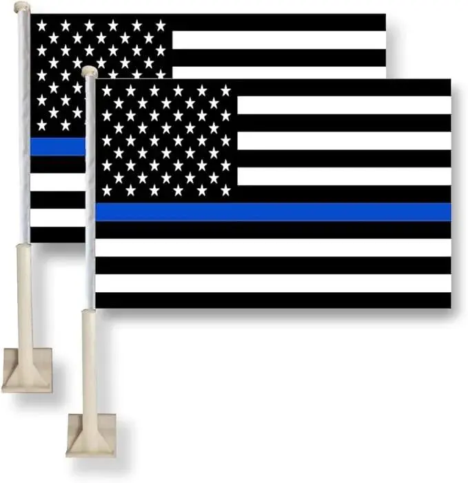 2 Pack Thin Blue Line USA Car Window Flag - 11X16Inch(28x40cm) The Police Flag 100% Polyester, Strong White Flagpole