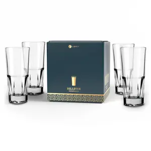Libbey Bellevue Cocktail Glasses Set, 13.5 Oz, Clear, Stylish Retro Stackable Glass Cups, Modern Glassware Set for Cocktails, Mojito, and More