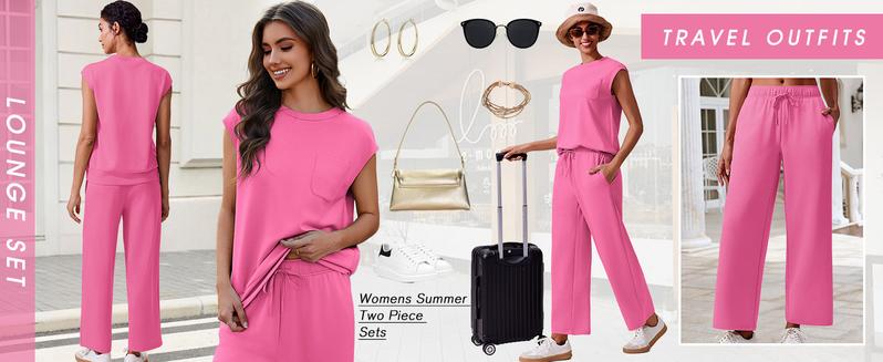 Pinspark Women's Summer Casual Suit Wide-legged Pants Loose Fit Machine Washable Air Layer Fabric Cap Sleeve Top & Cropped Wide-Leg Pants Set Clothes Womenswear Adjustable Pocket