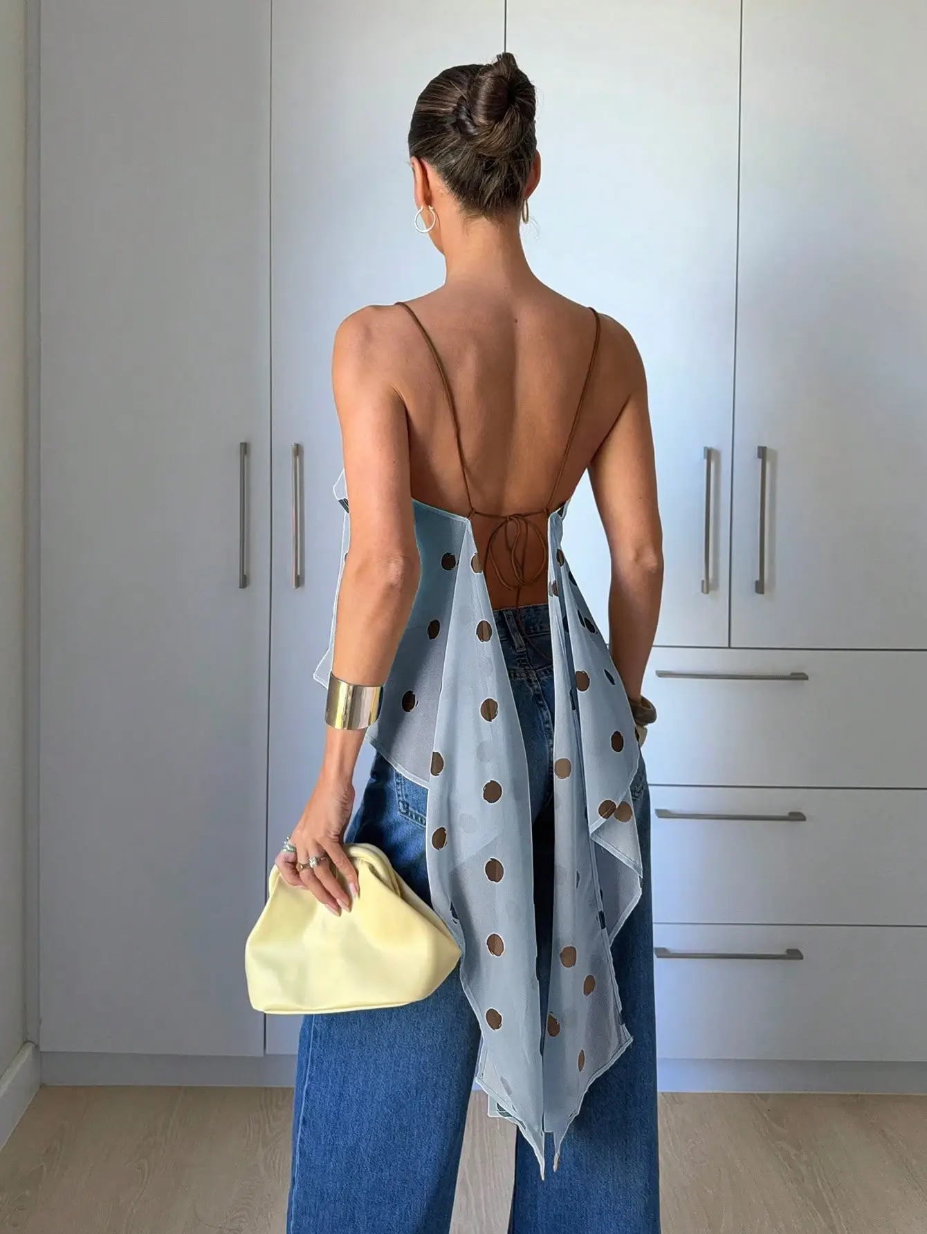 VYNCE Polka Dot Yellow Retro Cami Tank Top Backless Tie Back Asymmetrical Sheer Chiffon Blouse Going Out Date Night