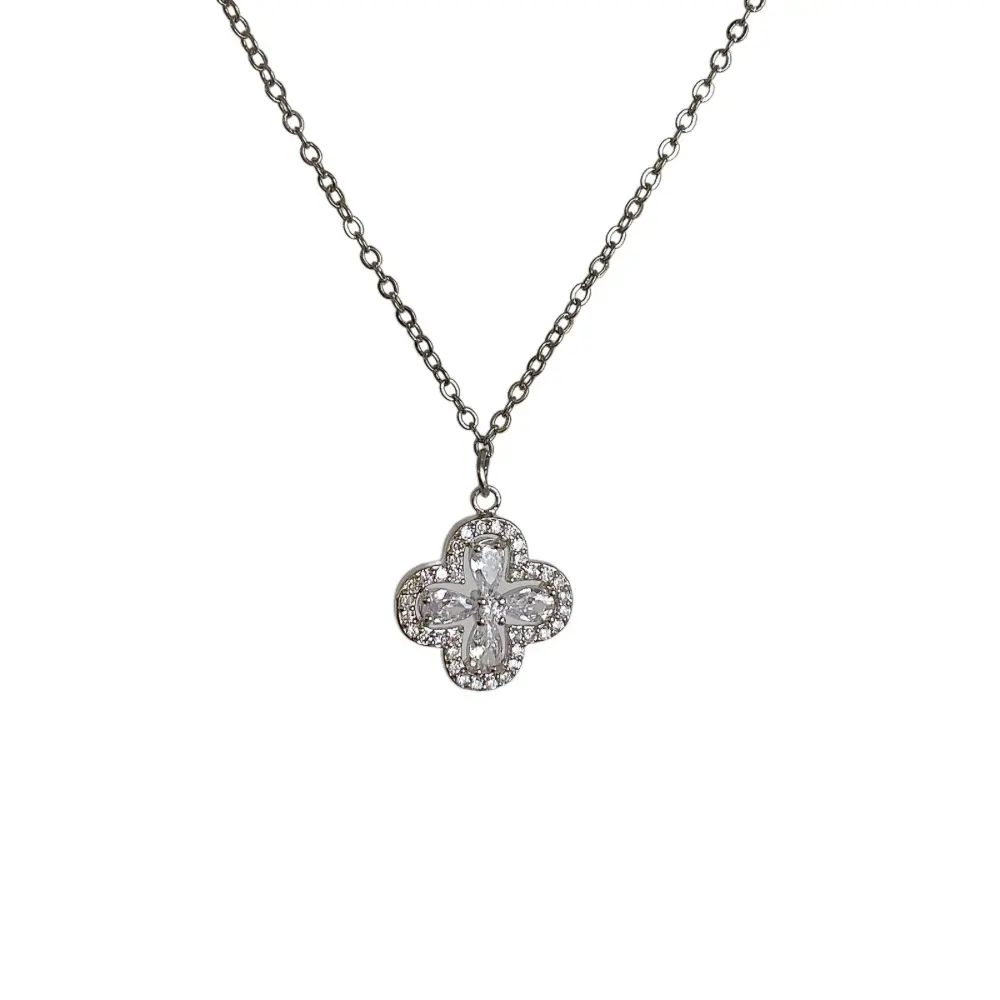 Women's Elegant Silver-Plated Chain Necklace - Clover Shape Zircon Pendant Female Chain Jewelry Necklaces, Note Small Parts No Choking Hazard, Holiday Gift