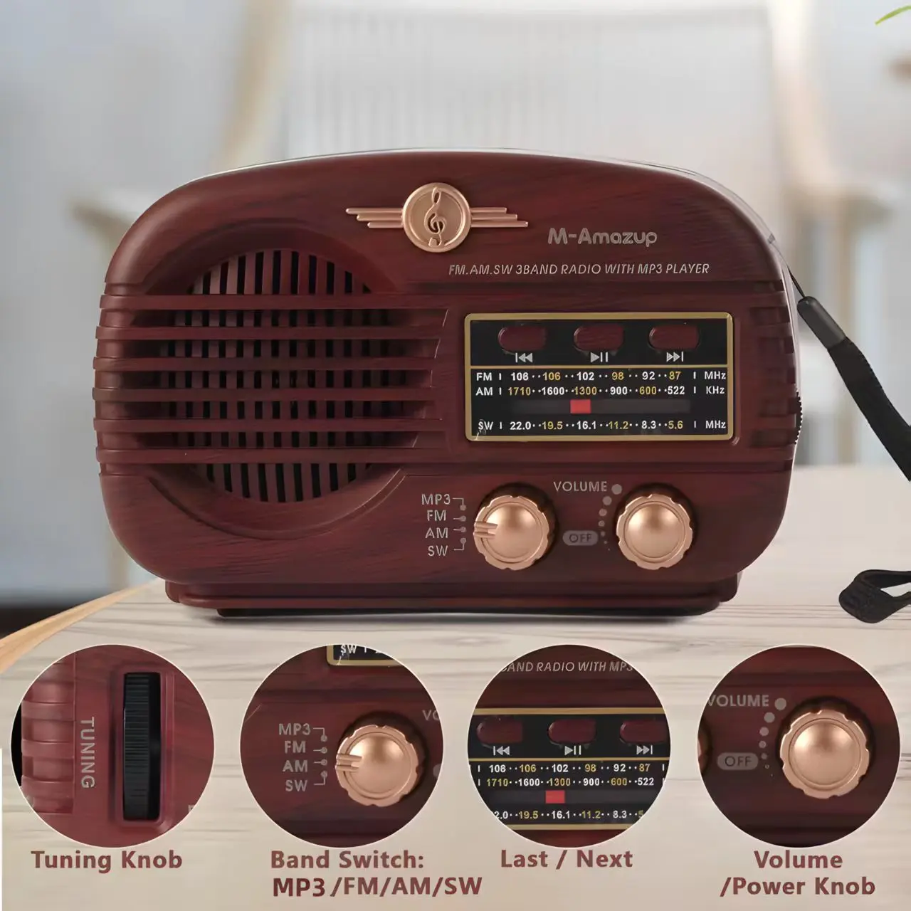 M-Amazup Mini Retro Wood Grain Radio, portable Bluetooth AM/FM/SW transistor radio with lanyard, TWS stereo, 1500 mAh rechargeable radio for camping, travel, outdoor emergencies, and broadcast