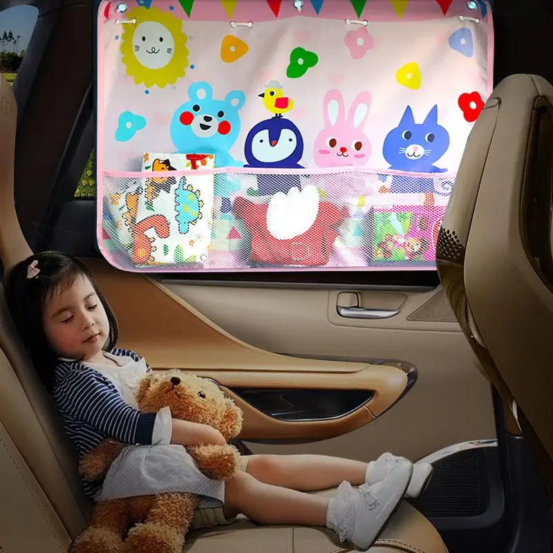 Car Window Shade Blackout Curtain with 3 Storage Pockets Cartoon Pattern Sun Heat UV Rays Protection for Kids Pink 27.5x20 Inches TikTokShopBlackFriday sohochic