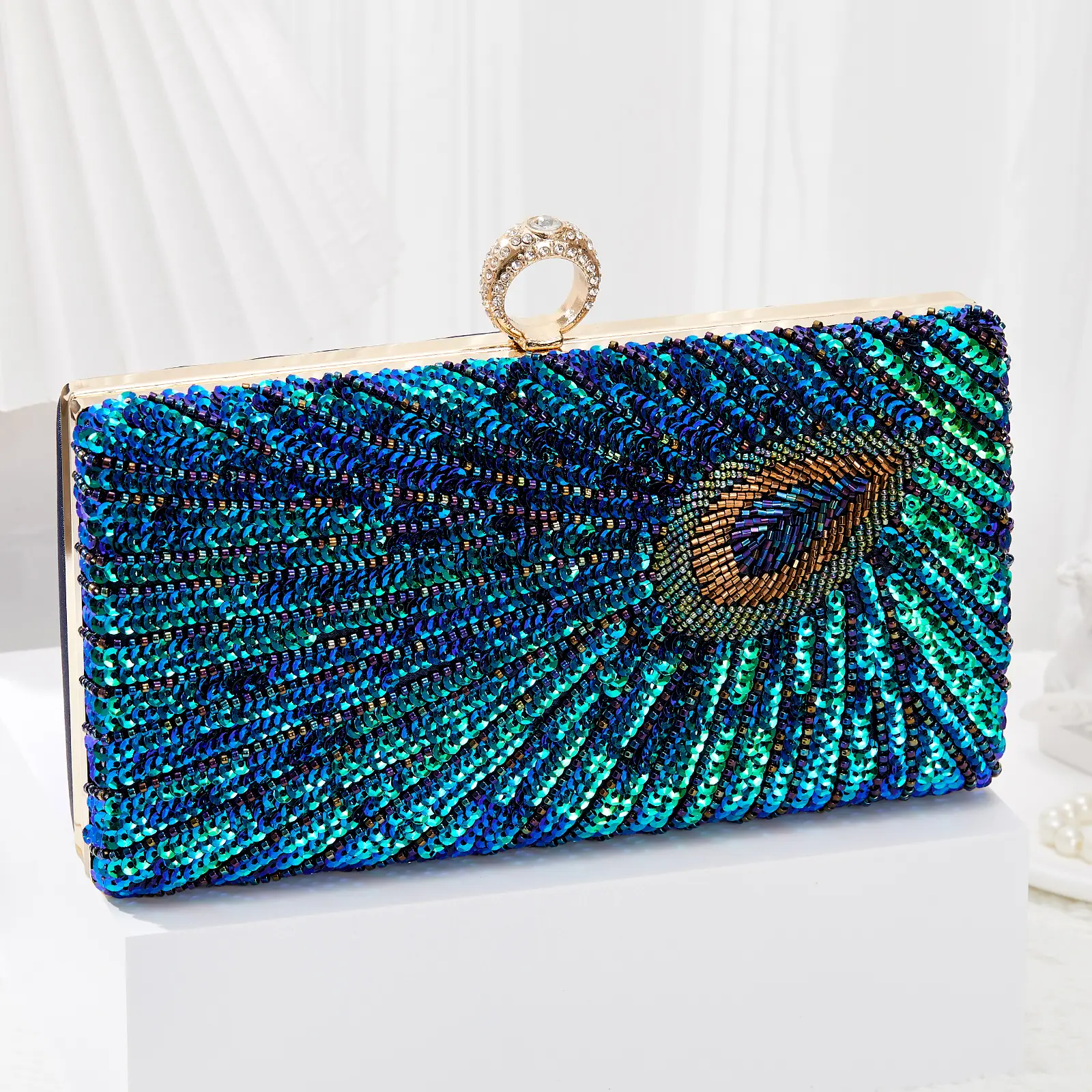 Luxury Beaded Sequins Evening Clutch Purse Rhinestone Clutch Bag For Women Sparkly Peacock Wedding Party Handbag Dinner Bag With Detachable Metal Chain For Ladies Formal Bag Women's Handheld Evening Bag For Wedding Formal Banquet Prom Gala Birthday Gift B