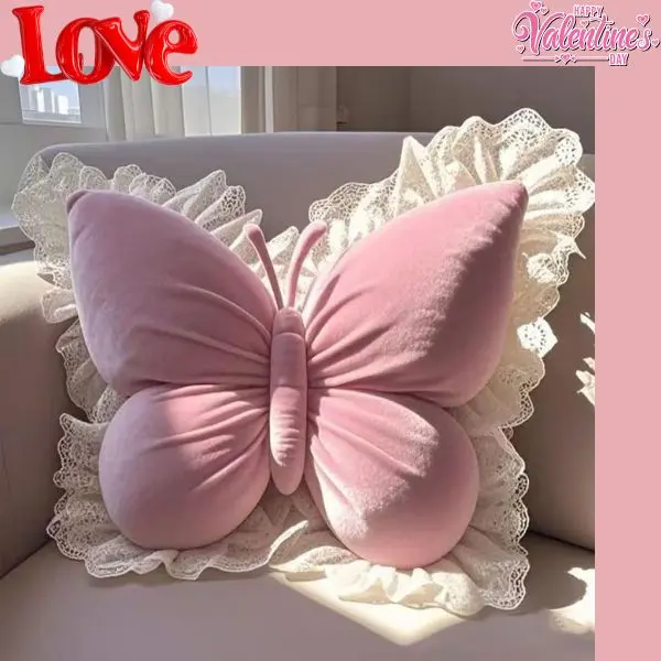 Butterfly-Shaped Lumbar Support Pillow – 21.6 Inch Velvet Butterfly Throw Pillow with Lace Trim, Decorative Accent Cushion for Couch, Sofa, Bed & Living Room Home Decor (Pink)