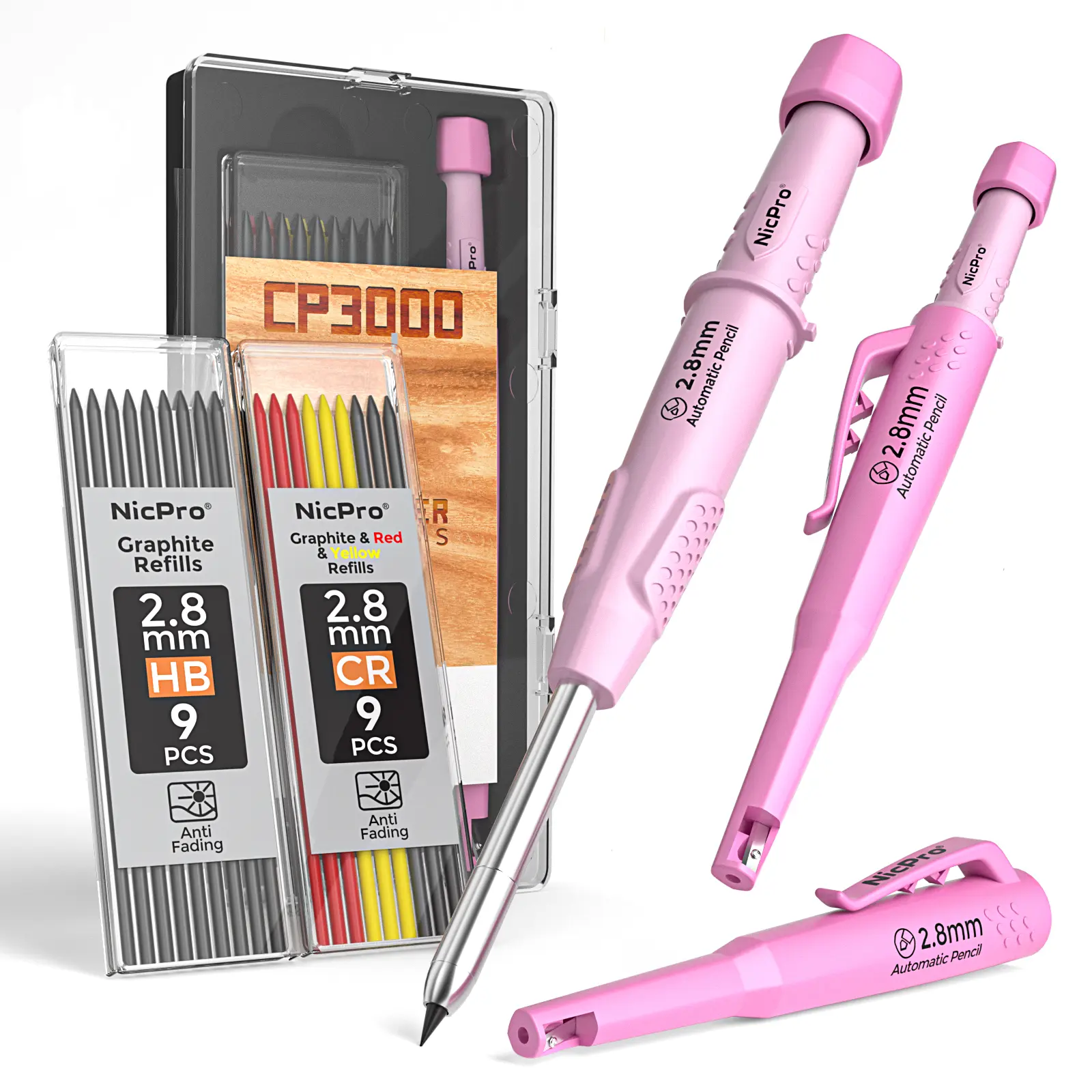 Nicpro Carpenter Pencil with Sharpener, CP3000 Pink Carpenter Mechanical Pencil with Refills, Deep Hole Marker for Construction, Heavy Duty Construction Pencil, Woodworking Tool for Architect Marking