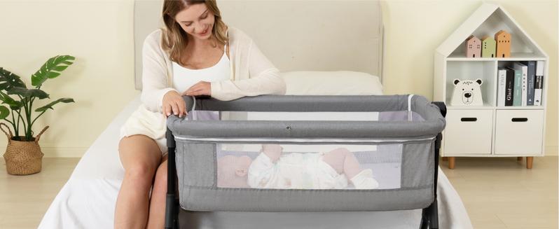 Baby Bassinet,  Crib for Infant and Newborn, Bedside Sleeper with Storage Basket and Mosquito Net, Easy to Fold, Height Adjustable, Portable Side Bed Crib portable