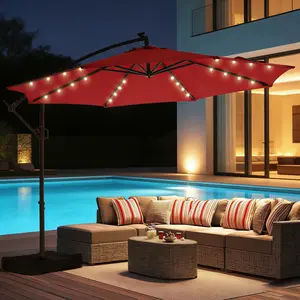 【LED Lights】10ft Solar LED Offset Patio Umbrella, Outdoor Cantilever Umbrella with 32 Light Beads & 10H Running Time, Infinite Tilt Mechanism (0-45°), 99.9% UV-Resistant Fabric with Included Base for Backyard, Poolside, Garden