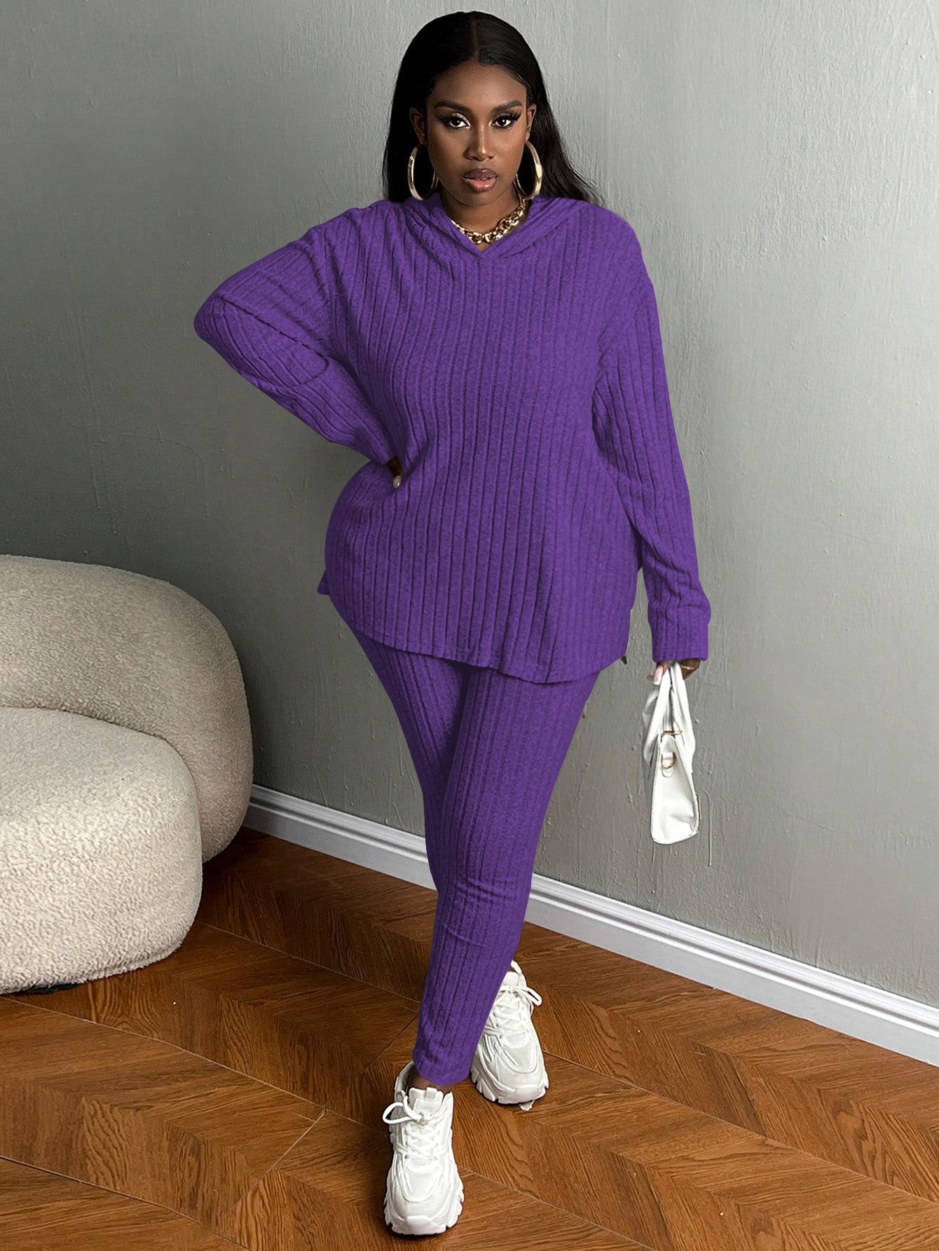 USBOUTIQUECHIC Plus Size Women's Solid Textured Ribbed Hoodie & Elastic Waist Pants Set, Casual Cozy Ribbed Knit Outfits for Fall & Winter, Baggy Matching Suits for Daily Wear