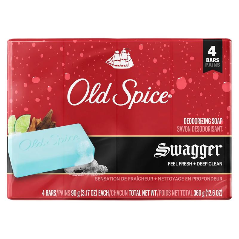 Old Spice Bar Soap for Men, Deodorizing, Feel Fresh & Deep Clean, Invigorating Lather, Swagger with Lime + Cedarwood Scent, 3.17 oz (4 Count)