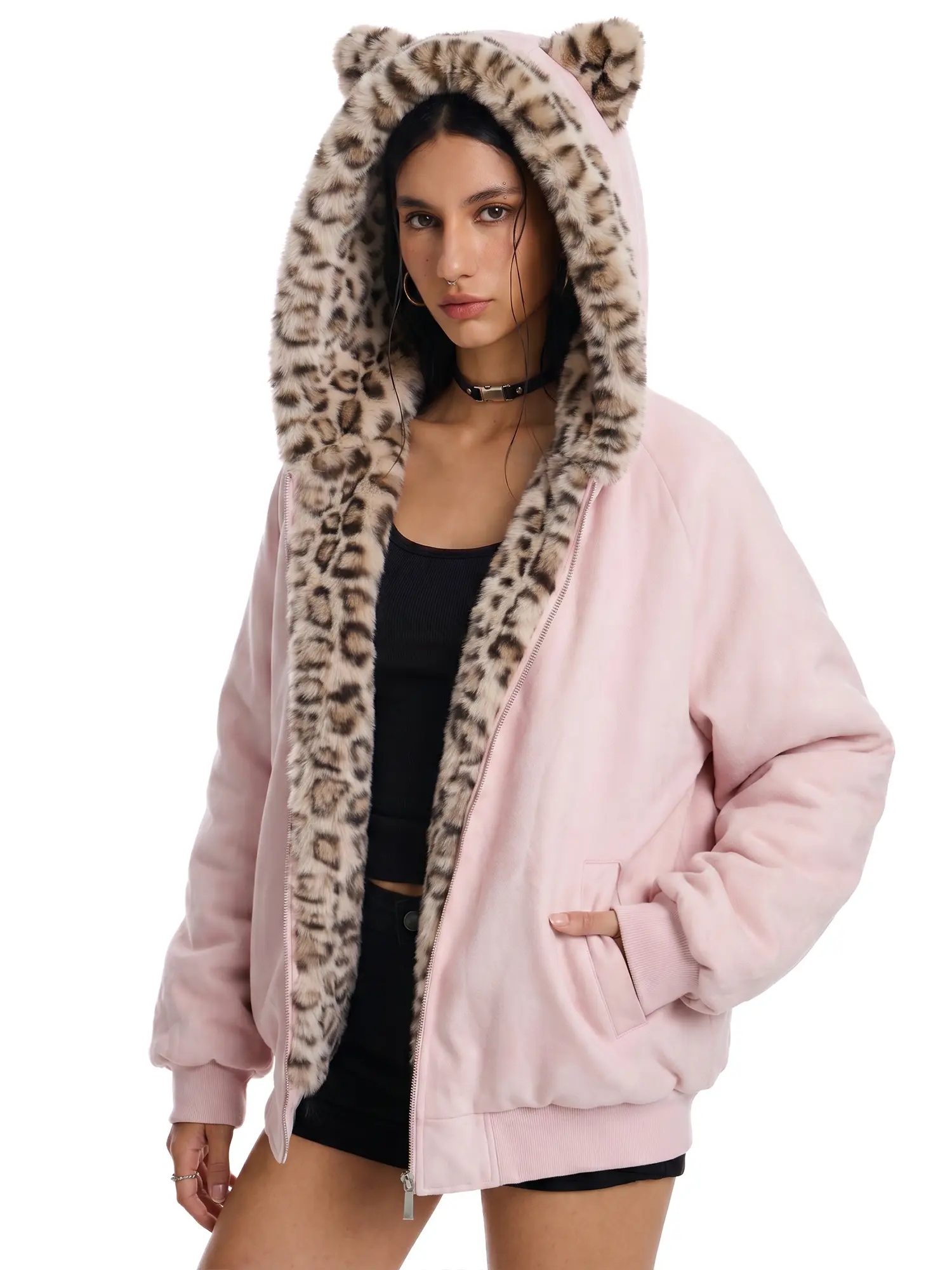 FDR Oversized Faux Suede Cozy Jacket with Cat Ears & Leopard Print Soft Warm Faux Fur Lining Unisex  Womenswear Sweatshirts Fall Fashion Coat Winter Outfits