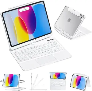 360° Rotating Multi-Touch Trackpad Pure White Series iPad KeyboardCase! RGB Backlit Keyboard Transparent Back, Pencil Holder, Type-C Charging Magnetic Magnetic