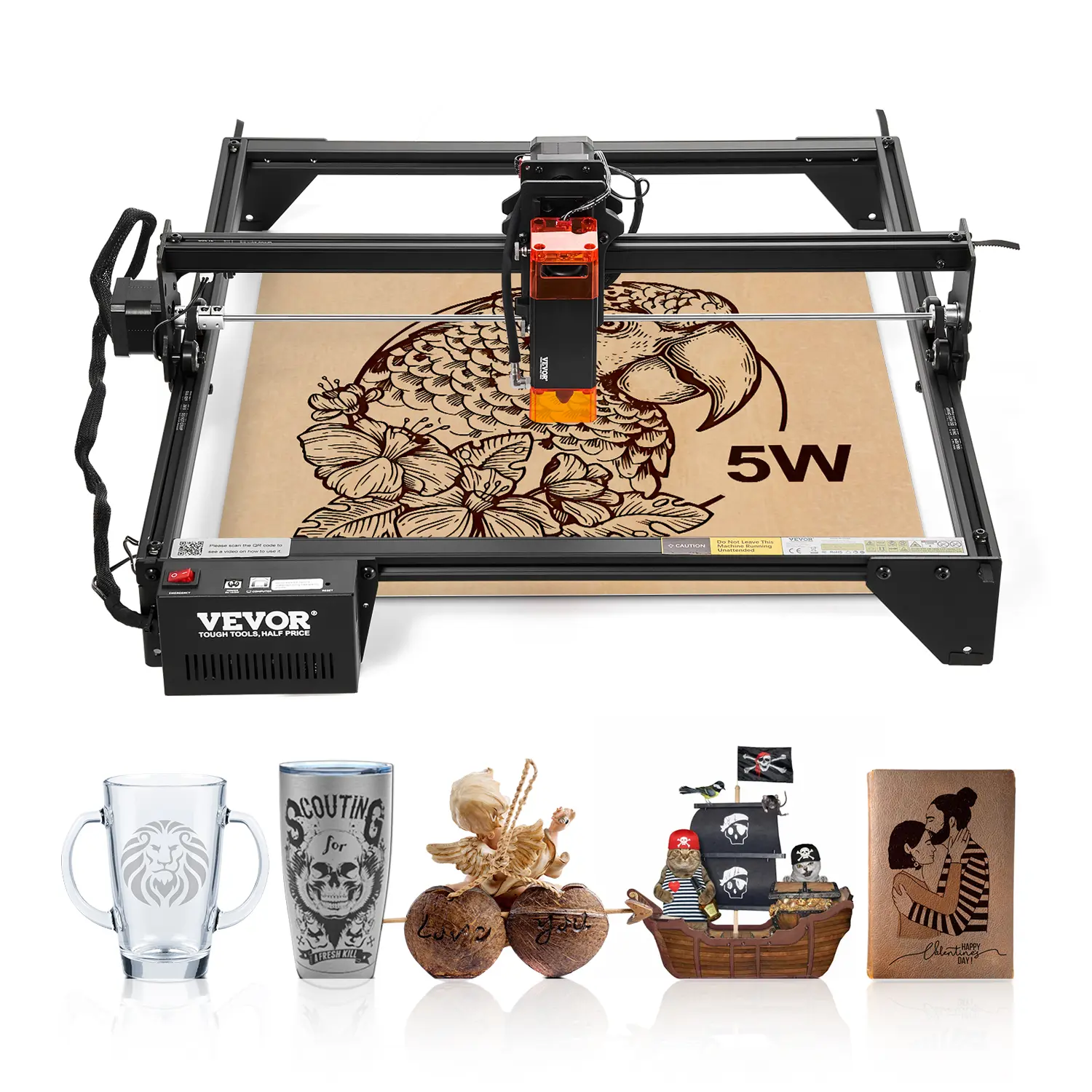 【Summerfinds】VEVOR 5W Laser Engraver Cutter Power Tool - Wood Router with 38x40cm/14.9x15.7in Working Area, 10000mm/min Movement Speed, Compressed Spot, Eye Protection for Wood, Certain Metal Cutting, Linux Compatible, Power Tools