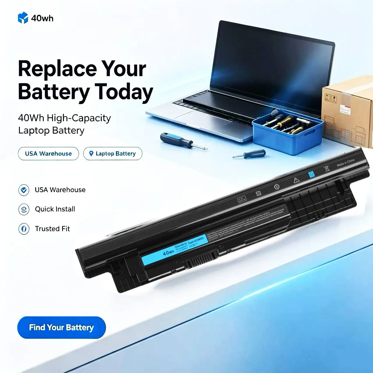 40Wh Li-Ion Laptop Battery [XCMRD] with Safety Protections for Dell Inspiron 15 3000 (3521,3531,3537,3541,3542), 15R (5537,5521), 17R 17 (3721,3737,5737,5721), 14R 14 (3421,3437,5421,5437,7447), Latitude (3440,3540), Vostro (2421,2521,P28F)