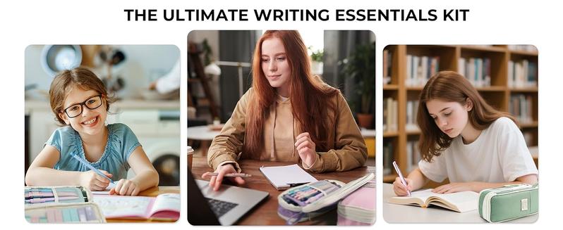 Four Candies 56/58 PCS Aesthetic School Supplies with Large Pencil Case, 6 Colored Ballpoint Pens, 12 Pastel Highlighters, 5 Black Ink Gel Pens, 9 Mechanical Pencils 0.5-2.0mm Student Essentials,girly office supplies,Writing Instruments Stationery Set