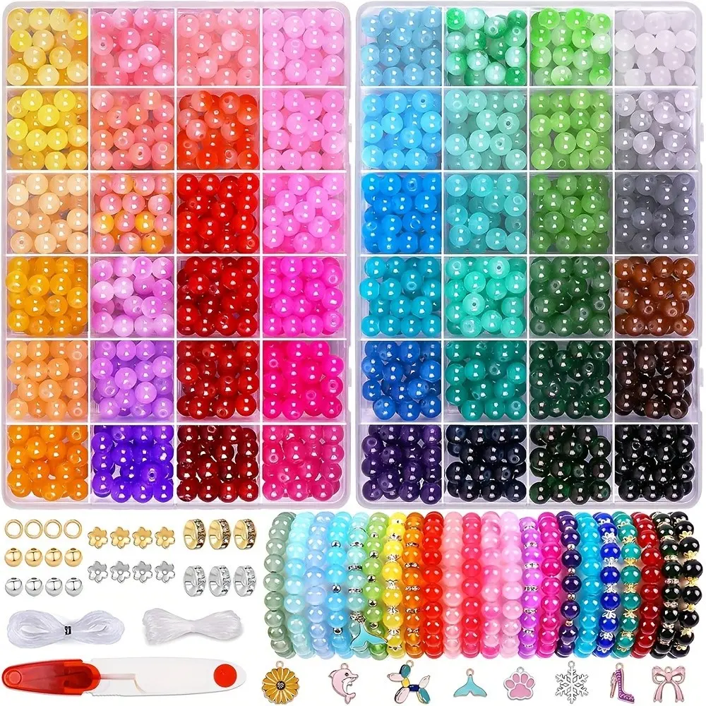 1700 Piece Bead Kit, 8mm Glass Beads 48 Colors, Beads For Jewelry Making, DIY Handmade Beads, DIY Jewelry Making Set, Beginner Friendly, Includes Gift Box, Bead Assortment