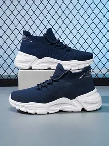 Men’s Navy Blue Knitted High-Top Sneakers Lightweight Chunky Running Shoes Comfortable Walking Sneakers