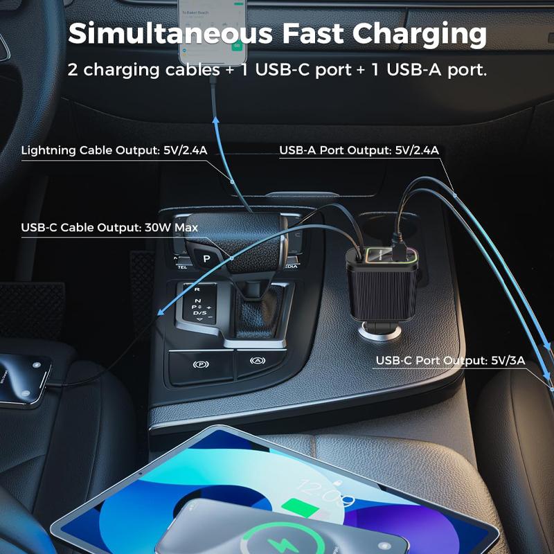 【Speical Edition】2026 5-in-1 Retractable Car Charger & Air Freshener, USB C Fast Charge + Lightning Cable, Free 3 Festive Scents - Perfect Stocking Stuffer Gift for iPhone 17 Pro Max ,16 Plus /Samsung, target, type-c fast charging, car accessory ,deals